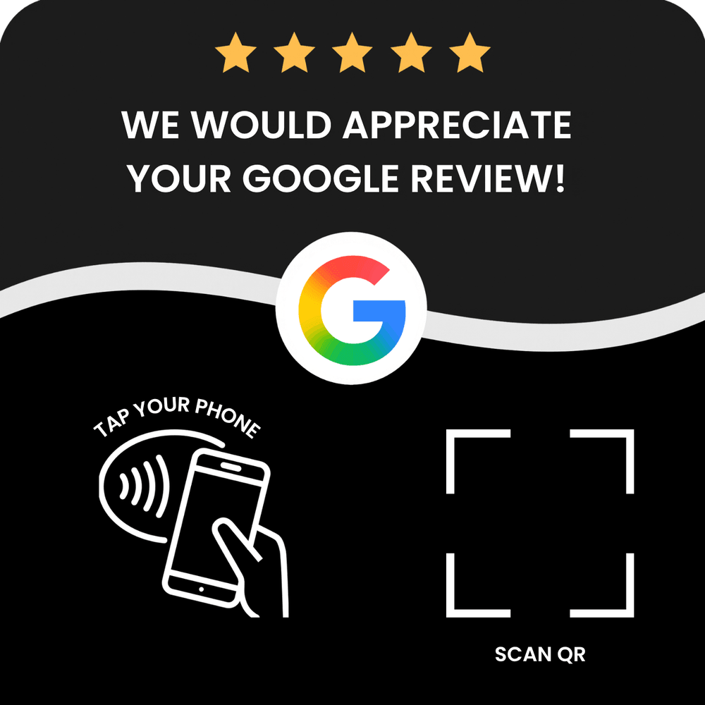 Custom 10×10 cm Google review NFC + QR stand: five stars, tap-your-phone icon and QR frame